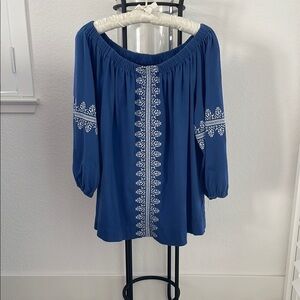 Chaps Royal Blue Blouse with White Embroidery
